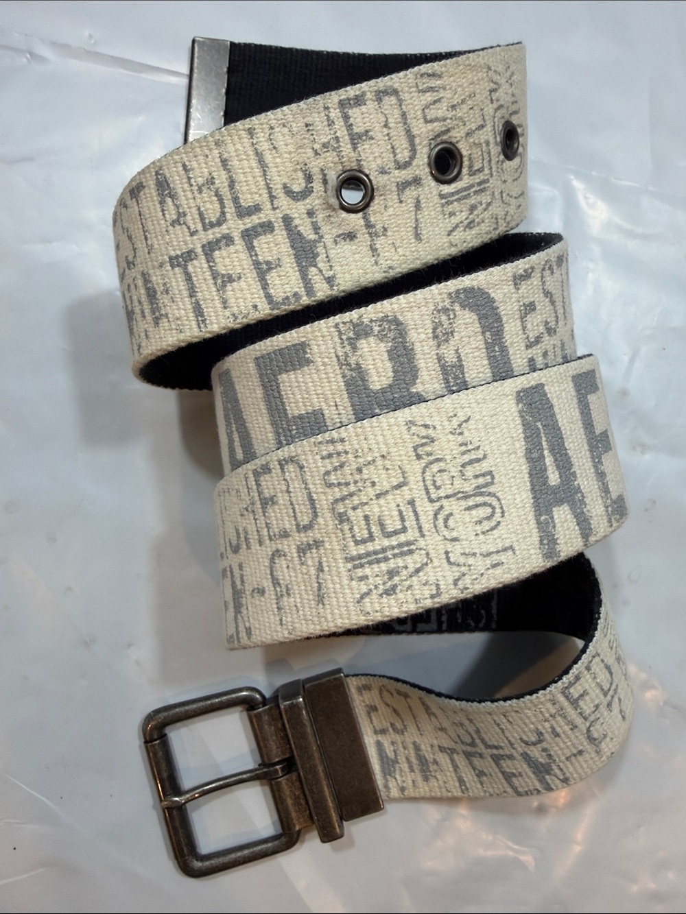 AERO Y2K Reversible white black spellout cotton canvas BELT silver buckle 48”L
